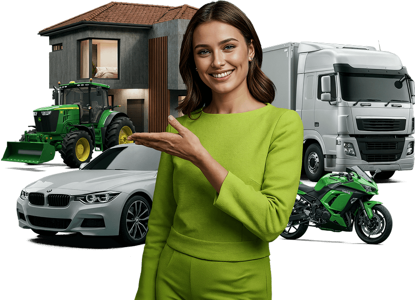 Uma mulher demonstrando carro, caminhão, casa, maquinas agricola e moto que faz parte do Beviconsórcio