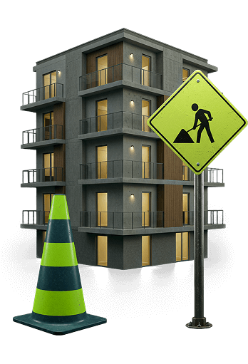 Um prédio com um cone e uma placa de construindo na frente