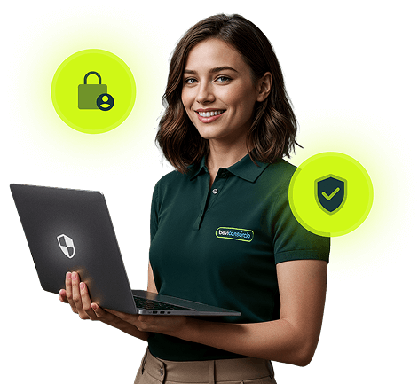 Uma mulher segurando um laptop com ícones que sinalizam segurança